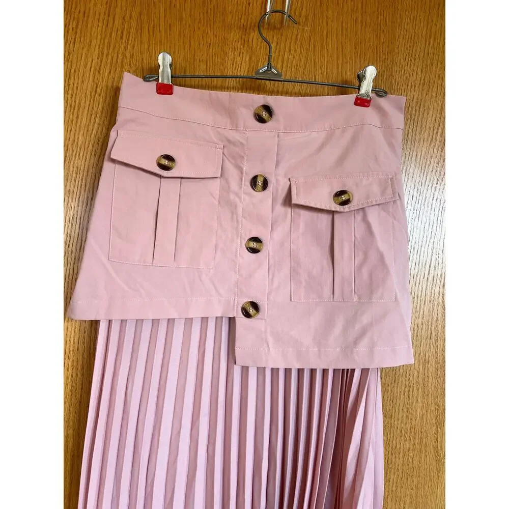 Patchwork Pink Asymmetrical Midi Skirt with Pleated Bottom, women's size L NWT - Picture 4 of 9